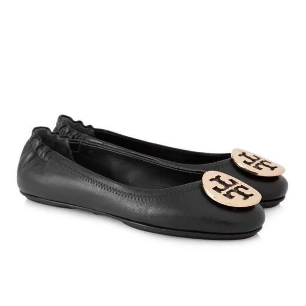 Tory Burch Black Leather Minnie Travel Ballet Flats Women's Size 8 $220